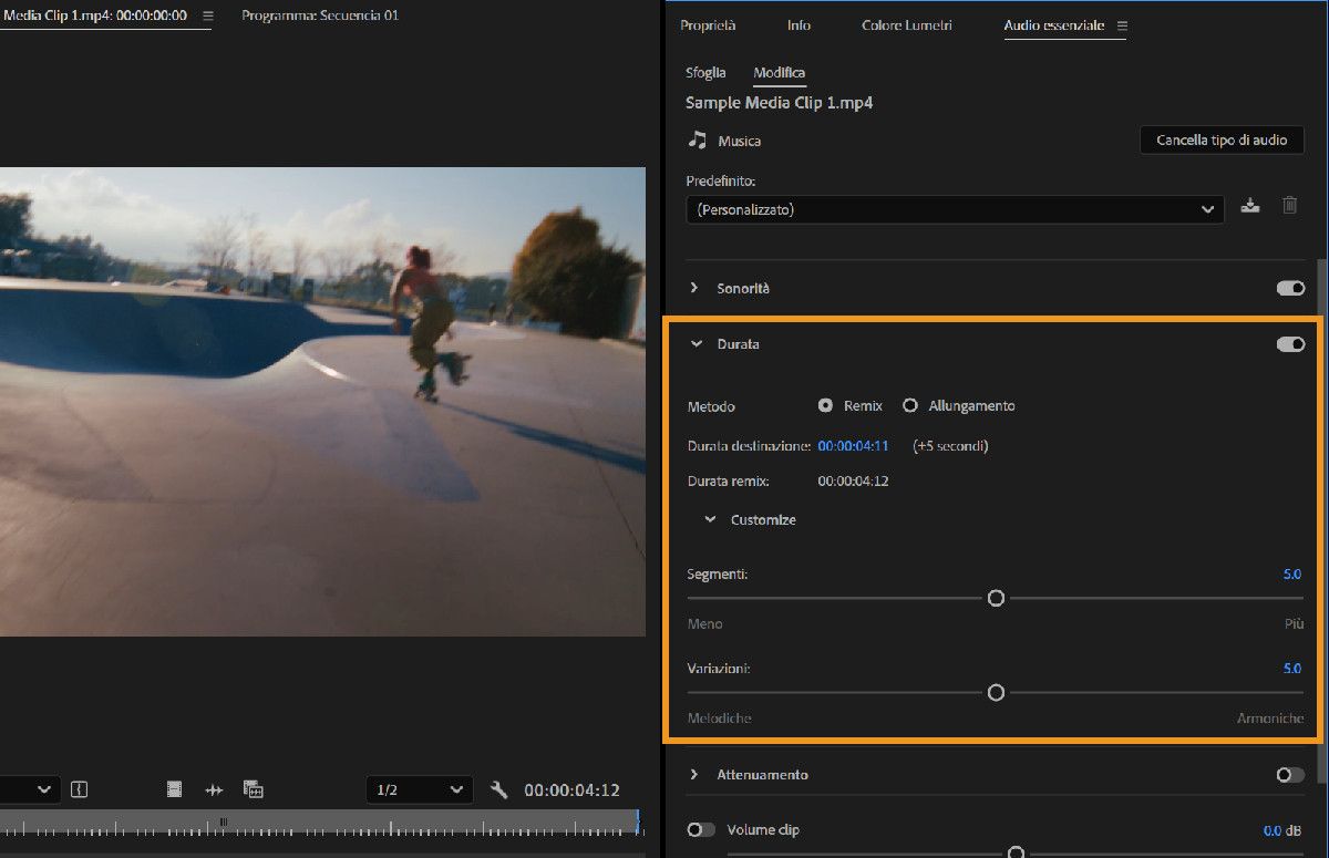 Pannello Audio essenziale che mostra i controlli Durata con Remix abilitato e opzioni per regolare segmenti e varianti.