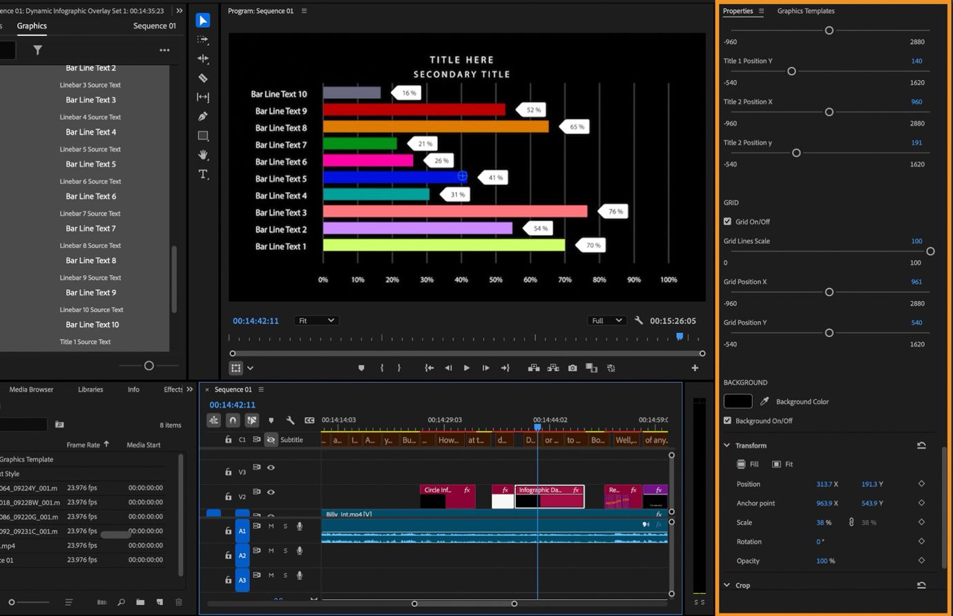 Plantilla de gráficos en movimiento de gráfico de barras con Configuración de diseño, cuadrícula y fondo editables resaltadas en el panel Propiedades.