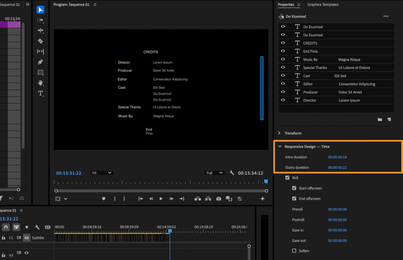 El panel Propiedades con la configuración de Diseño interactivo - Tiempo resaltada, mostrando los valores de duración de entrada y salida definidos para un gráfico de créditos en la cronología.