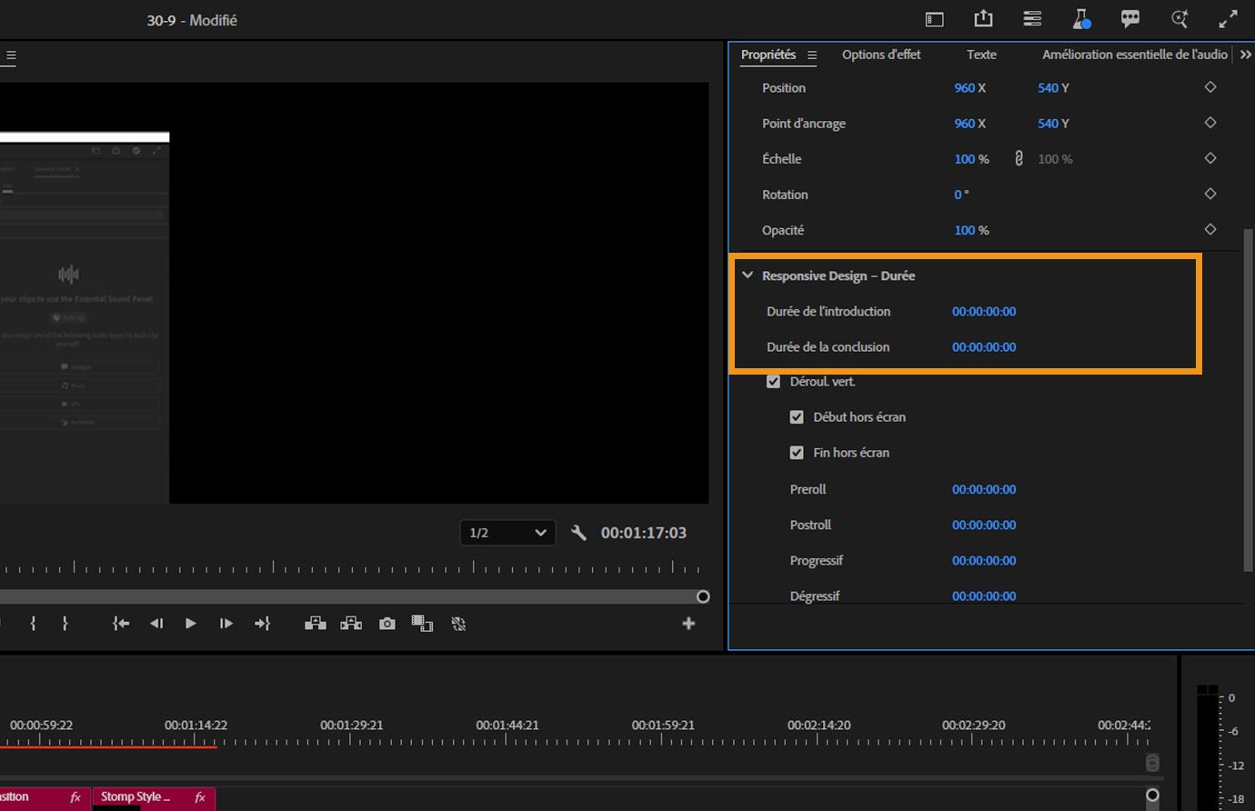 Le panneau Propriétés avec les paramètres Responsive Design — Durée mis en surbrillance, montrant les valeurs de durée d’introduction et de conclusion définies pour une image de crédits dans le montage.