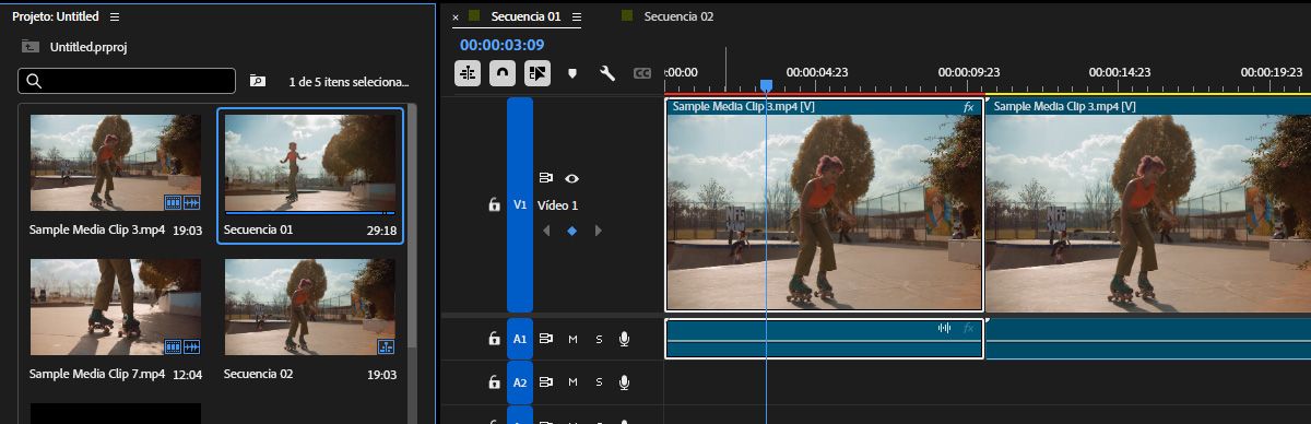 O painel “Linha do tempo” está aberto, com os clipes adicionados à sequência. Os quadros-chave são adicionados para animação.