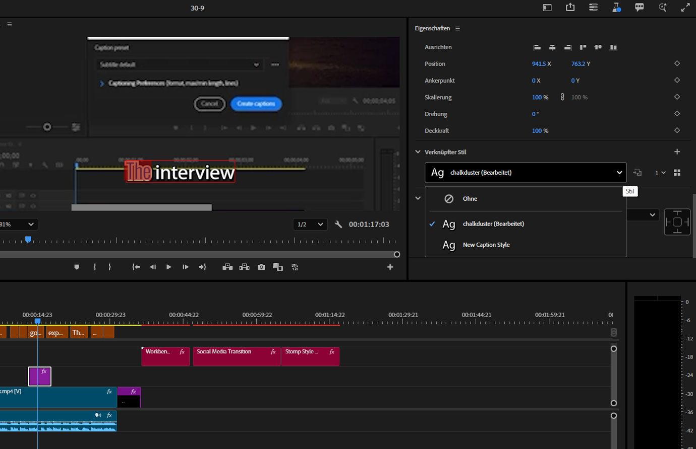 Teilweise gestylter Text im Programmmonitor mit „The“ und „INTERVIEW“ unter Verwendung verschiedener Eigenschaften, daneben das Bedienfeld „Eigenschaften“ mit Font-, Farb- und Stileinstellungen, die auf den ausgewählten Text angewendet wurden.