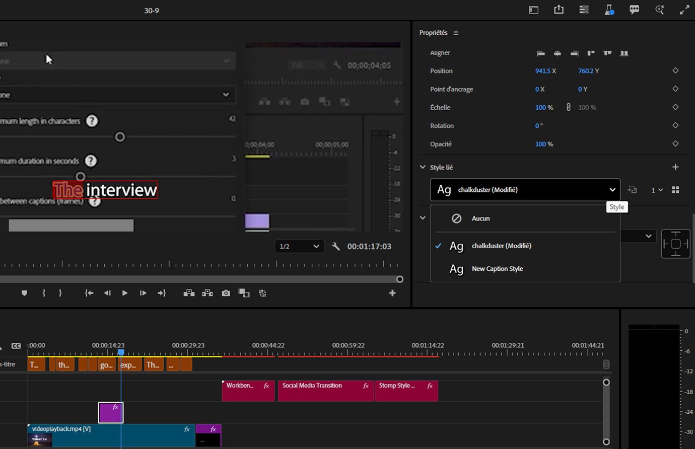 Texte partiellement stylisé dans le moniteur du programme avec « The » et « INTERVIEW » utilisant différentes propriétés, affiché à côté du panneau Propriétés avec les paramètres de police, de couleur et de style appliqués au texte sélectionné.