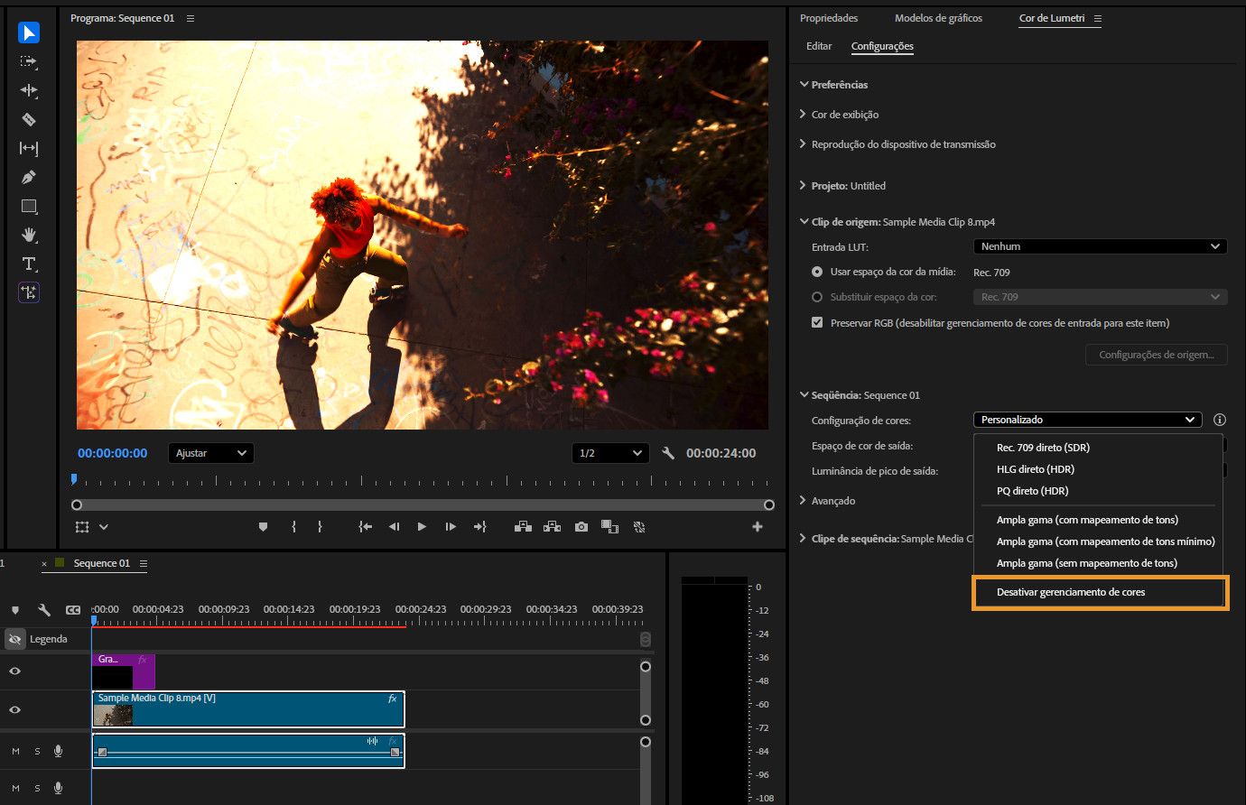 O Monitor de Programa está aberto com uma visualização da sequência. O painel direito mostra as configurações de gerenciamento de cores, incluindo opções de espaço de cores, espaço de cores de saída e recursos avançados de gerenciamento de cores.
