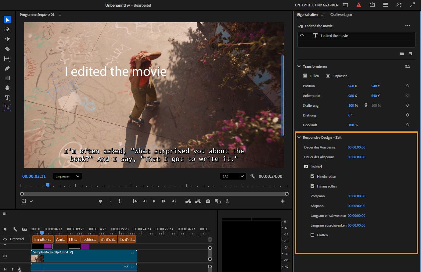 Der Abspann wird im Programmmonitor angezeigt, während das Bedienfeld „Eigenschaften“ die Einstellungen für Rolltitel und Timing wie „Vorspann“, „Abspann“ und „Langsam einschwenken“ bzw. „Langsam ausschenken“ zeigt.