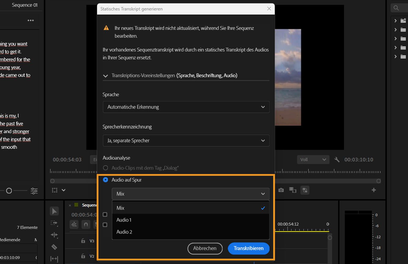Das Fenster „Statisches Transkript erstellen“ ist geöffnet und es gibt mehrere Optionen, die du anpassen kannst. Unter der Audio-Analyse ist „Audio auf Spur“ ausgewählt und du hast die Möglichkeit, zwischen Mischen, Audio 1 und Audio 2 zu wählen.