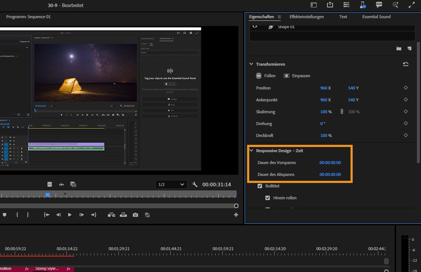 Die Einstellungen für „Responsive Design – Zeit“ sind im Bedienfeld „Eigenschaften“ hervorgehoben und Werte für Vorspann- und Abspanndauer für eine Nachspanngrafik werden im Schnittfenster angezeigt.