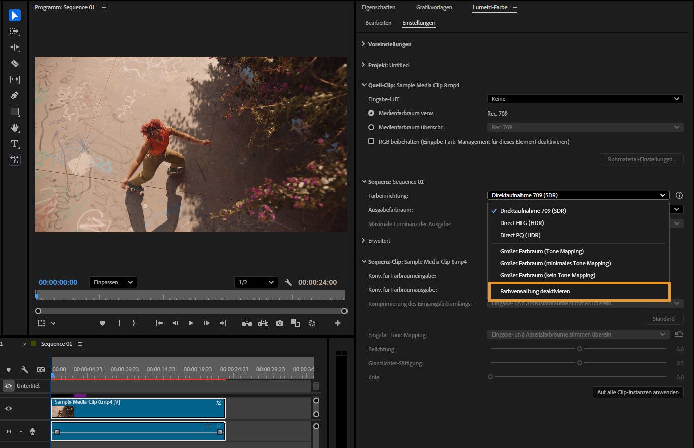 Der Programmmonitor ist geöffnet und zeigt eine Vorschau der Sequenz.Das rechte Bedienfeld zeigt die Einstellungen für die Farbverwaltung, einschließlich Optionen für Farbraum, Ausgabefarbraum und erweiterte Farbverwaltungsfunktionen.