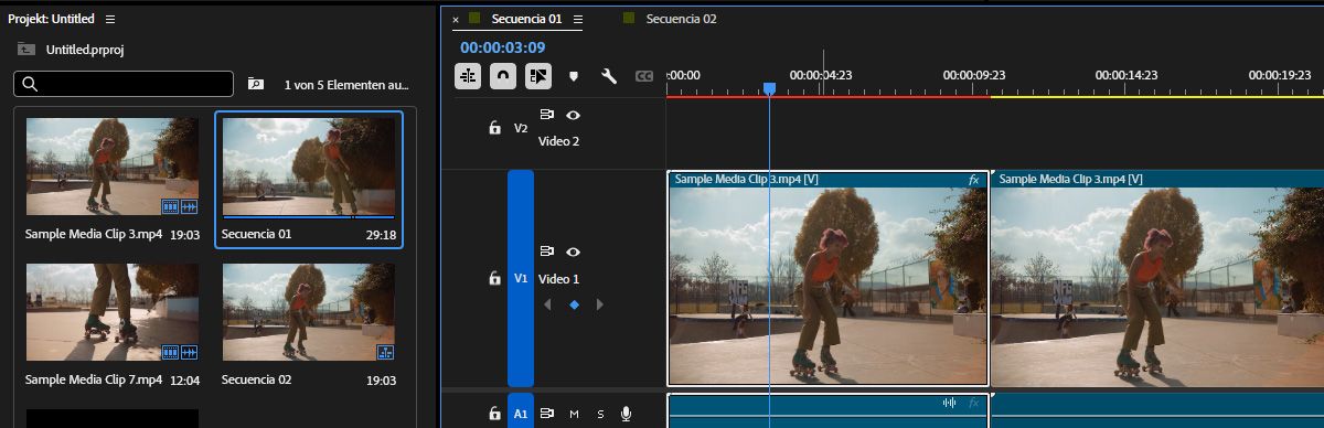 Das Schnittfenster ist geöffnet und Clips wurden zur Sequenz hinzugefügt.Die Keyframes wurden für die Animation hinzugefügt.