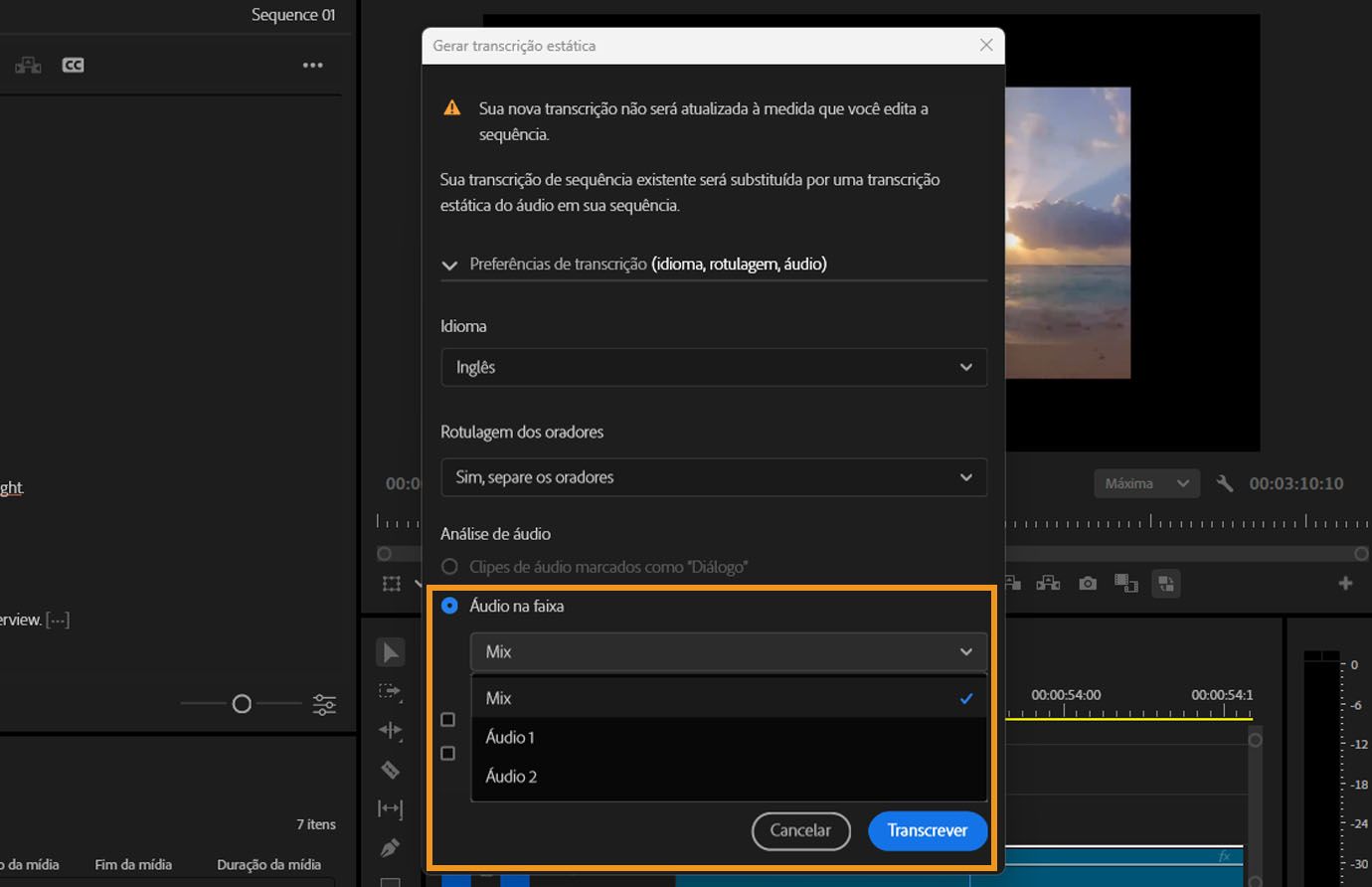 A opção Gerar transcrição estática está aberta e há várias opções para ajustar.Na análise de áudio, a opção Áudio na faixa está selecionada e você pode escolher entre Mix, Áudio 1 e Áudio 2.