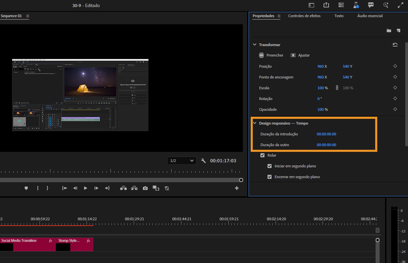 O painel Propriedades com as configurações de Design responsivo - Tempo destacadas, mostrando os valores de duração de introdução e encerramento definidos para um gráfico de créditos na linha do tempo.