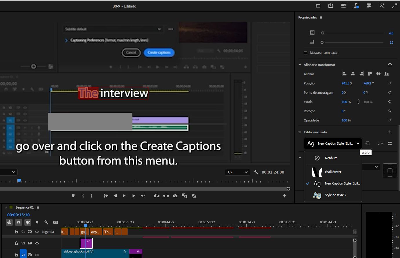 Texto parcialmente estilizado no Monitor de programa com “The” e “INTERVIEW” usando propriedades diferentes, mostrado junto com o painel Propriedades com configurações de fonte, cor e estilo aplicadas ao texto selecionado.