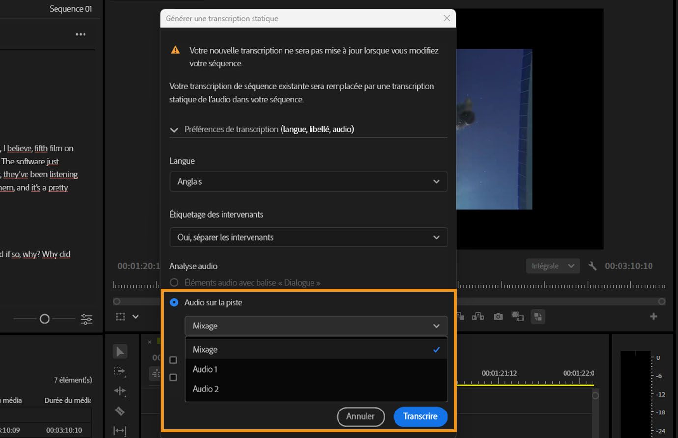 La boîte de dialogue Générer une transcription statique est ouverte et affiche plusieurs options de réglage.Sous Analyse audio, Audio sur la piste est sélectionné et vous avez la possibilité de choisir entre Mixage, Audio 1 et Audio 2.
