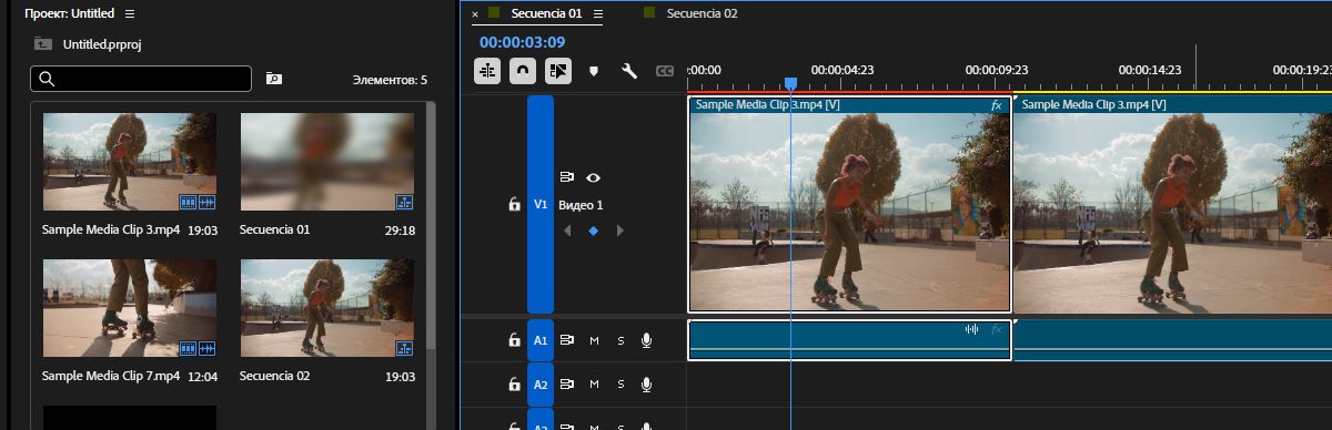 Открыта панель «Временная шкала», и клипы добавлены в последовательность. Ключевые кадры добавлены для анимации.