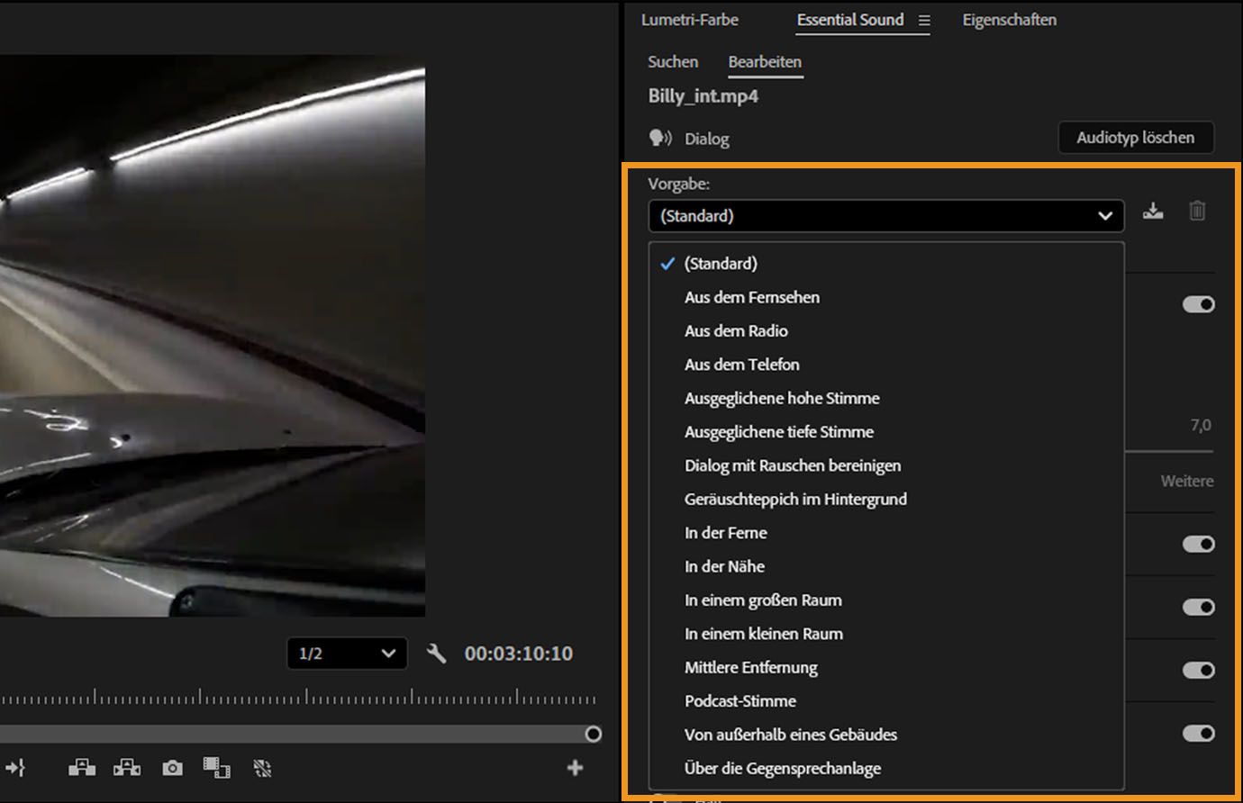 Bedienfeld „Essential Sound“ in Premiere Pro mit dem Dropdown-Menü „Vorgabe“, das verschiedene Optionen für Audio-Vorgaben zeigt.