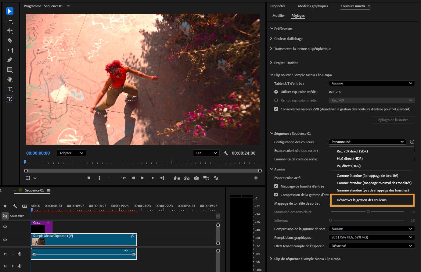 Le moniteur du programme est ouvert avec une prévisualisation de la séquence.Le panneau de droite affiche les paramètres de gestion des couleurs, notamment des options pour l’espace colorimétrique, l’espace colorimétrique de sortie et les fonctionnalités avancées de gestion des couleurs.