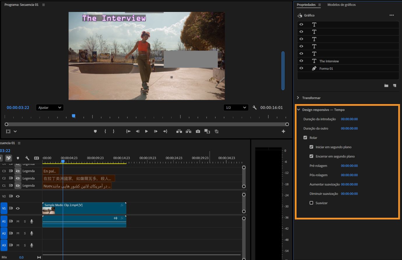 Rolagem de créditos exibida no Monitor de programa com o painel Propriedades mostrando configurações de rolagem e tempo, como pré-rolagem, pós-rolagem e facilidade.