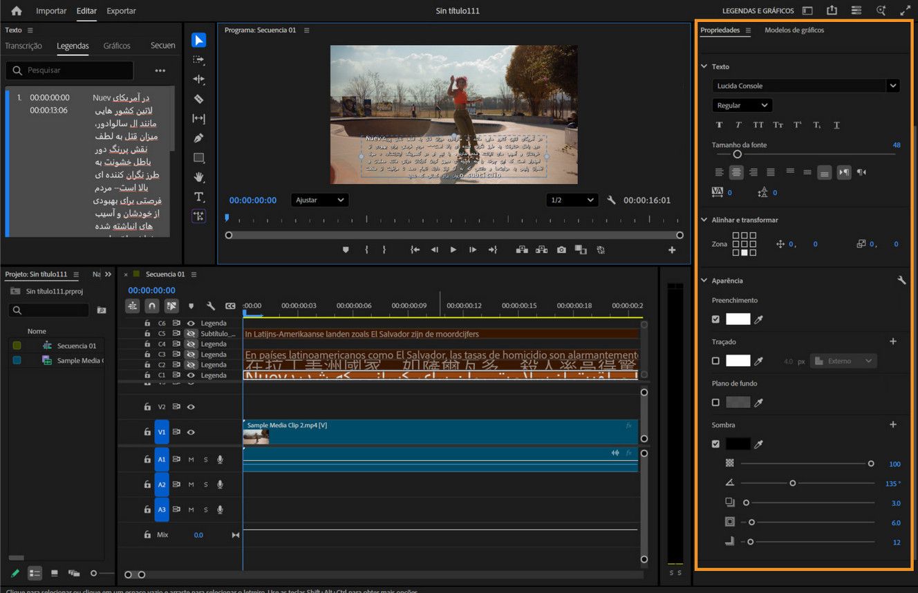 O painel Propriedades no Premiere Pro mostra opções para ajustar a aparência do texto, como fonte, cor, traçado, sombra e alinhamento.