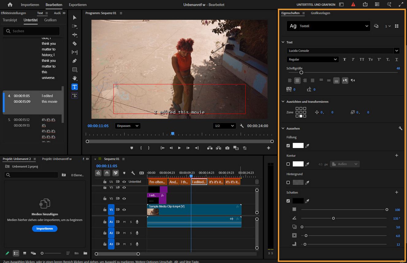 Das Bedienfeld „Eigenschaften“ in Premiere Pro zeigt Optionen zur Anpassung des Erscheinungsbild des Textes, wie „Schrift“, „Farbe“, „Kontur“, „Schatten“ und „Ausrichtung“.