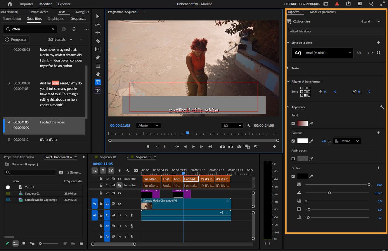 Le panneau Propriétés dans Premiere Pro affichant les options pour régler l’apparence du texte, telles que la police, la couleur, le trait, l’ombre et l’alignement.
