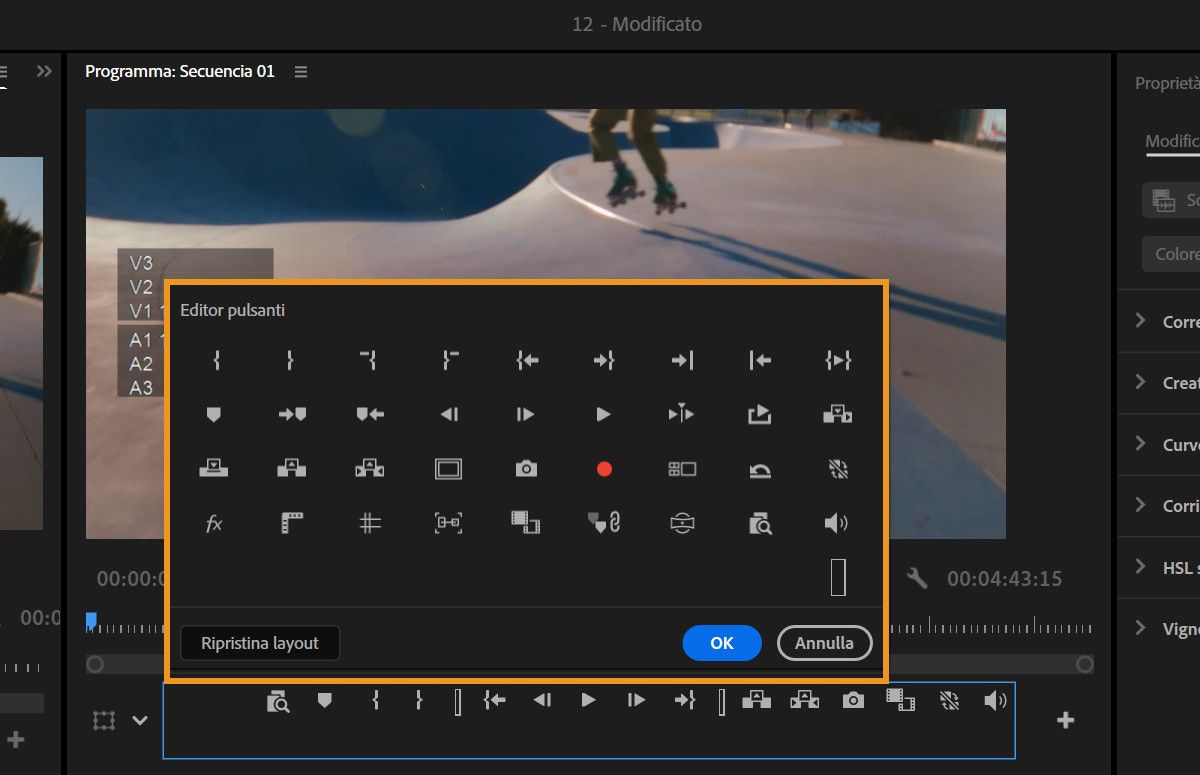 Finestra di dialogo Button editor che mostra le icone dei controlli di riproduzione che possono essere aggiunte alla barra degli strumenti di Source Monitor.