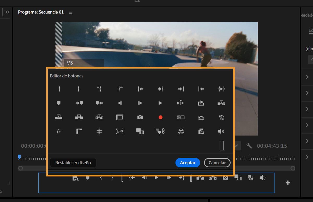 Diálogo del editor de botones que muestra iconos de control de reproducción que se pueden añadir a la barra de herramientas del Monitor de fuente.