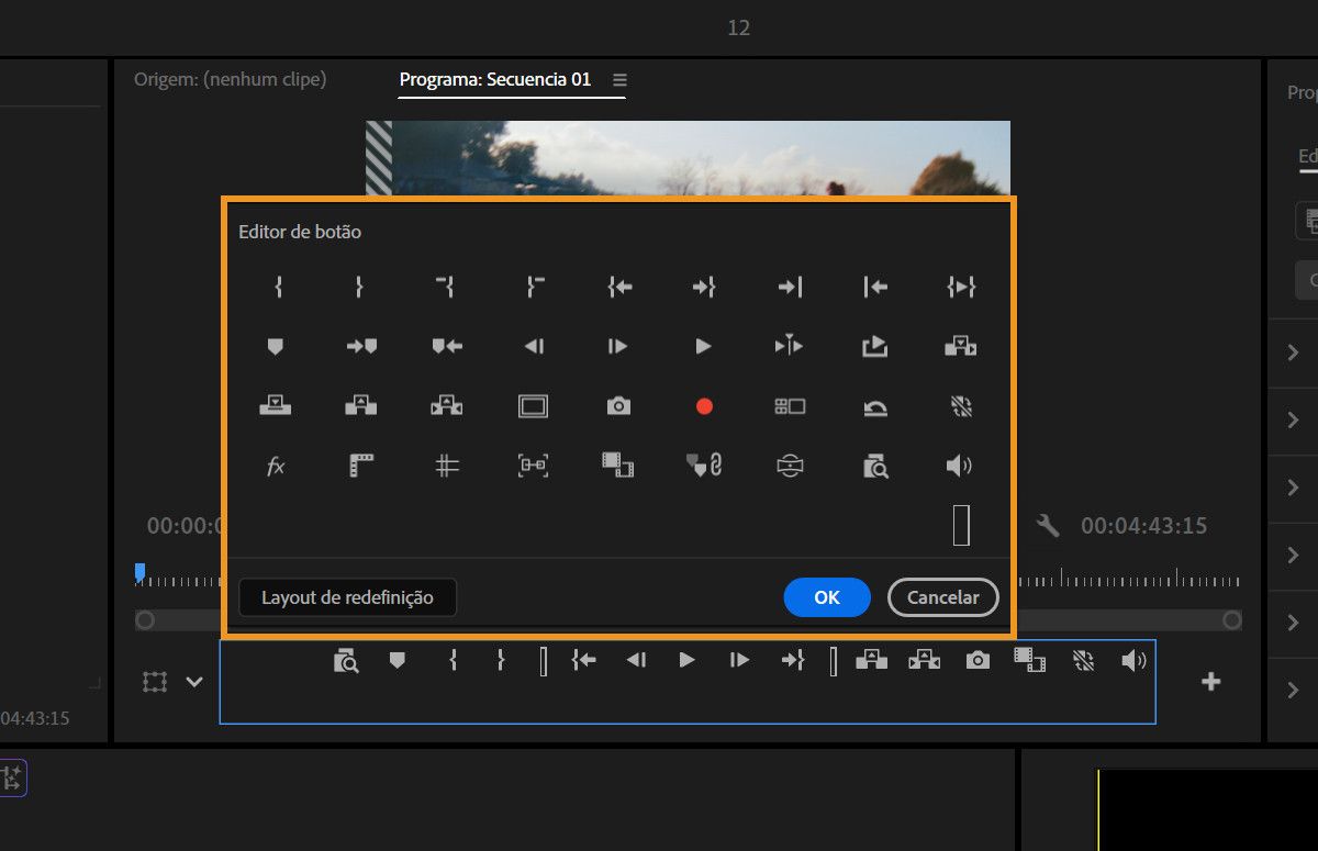 Diálogo do editor de botões mostrando ícones de controle de reprodução que podem ser adicionados à barra de ferramentas do Monitor de origem.