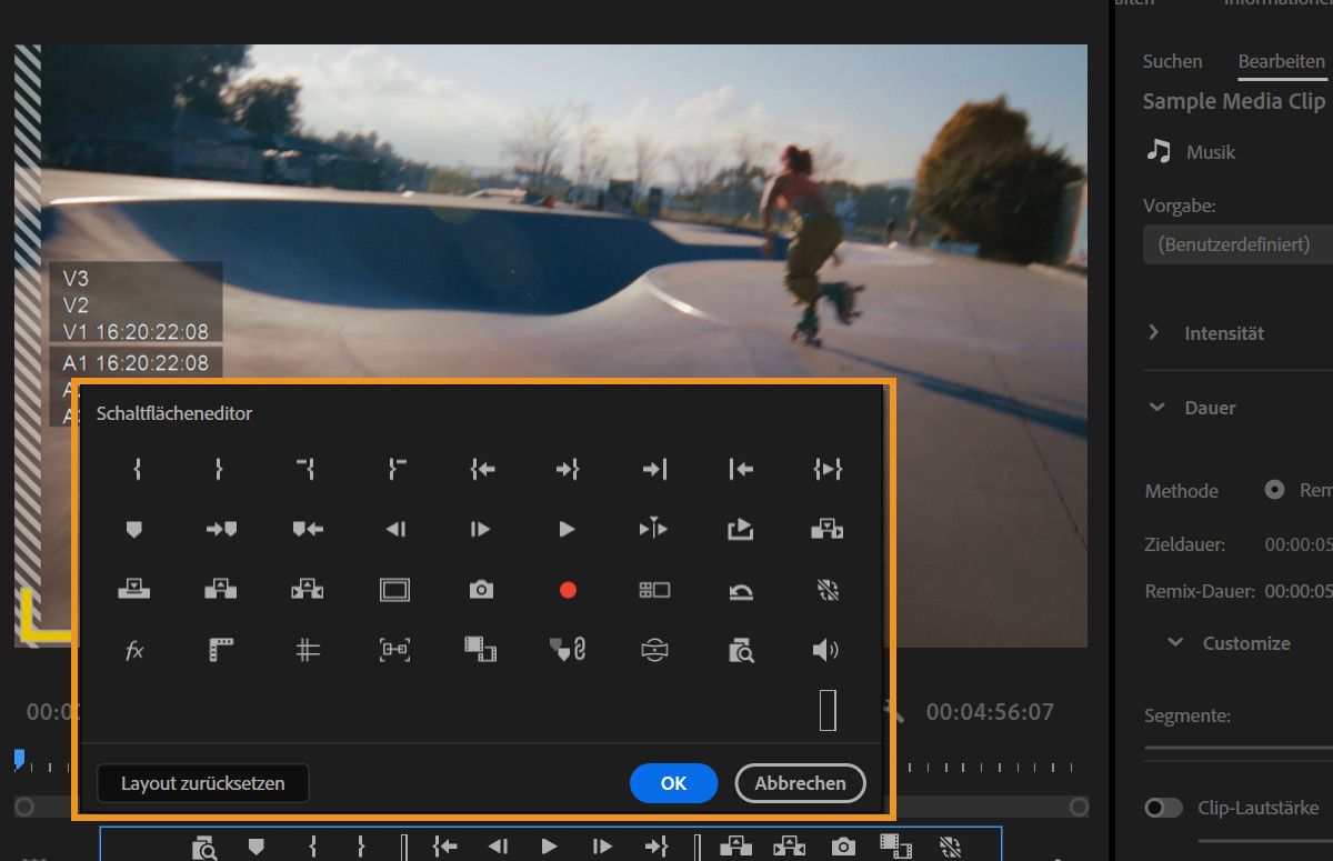 Button-Editor-Dialog mit Wiedergabesteuerungs-Symbolen, die zur Symbolleiste des Quell-Monitors hinzugefügt werden können.