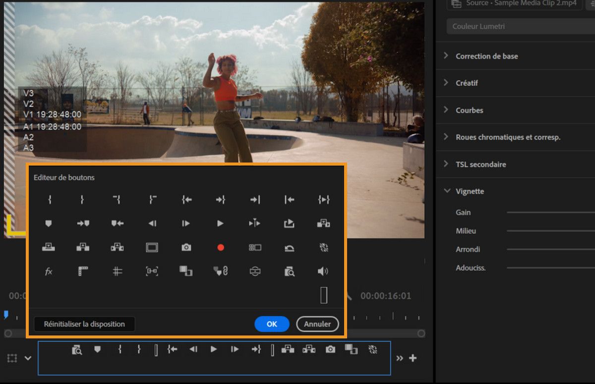Boîte de dialogue Éditeur de boutons affichant les icônes de contrôle de lecture qui peuvent être ajoutées à la barre d'outils du Moniteur source.