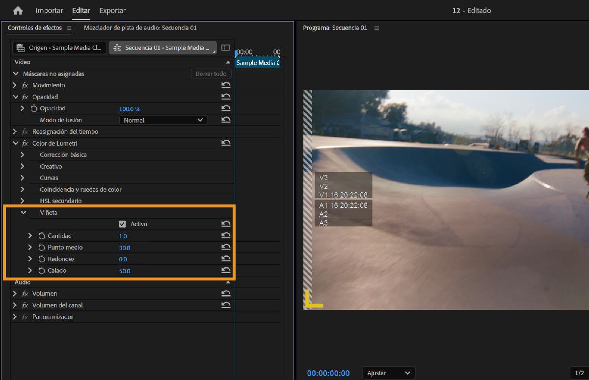 panel de Controles de Efecto mostrando Configuración de Viñeta con un sujeto enmascarado resaltado en el Monitor de programa.