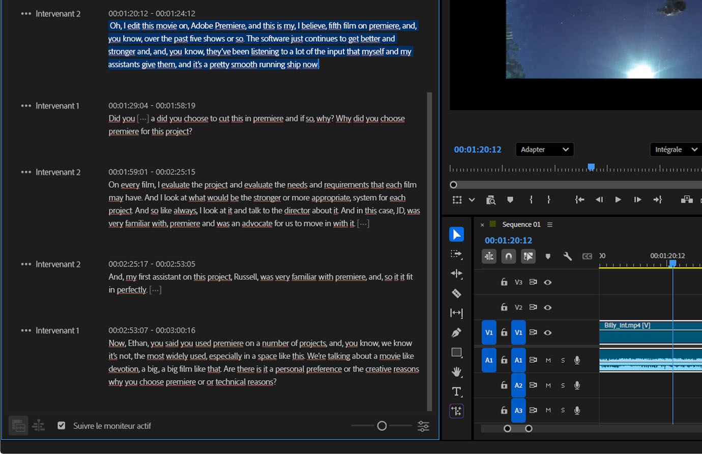 L’onglet Transcription affiche la transcription de la séquence.Il présente les intervenantes et intervenants avec des horodatages et peut être utilisé comme outil de navigation ou pour apporter des modifications sur votre séquence.