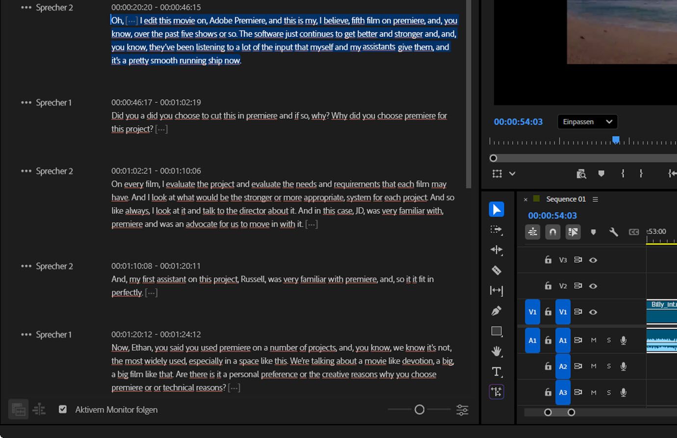 Die Registerkarte „Transkript“ enthält das Sequenztranskript. Es listet Sprechende mit Zeitstempeln auf und kann als Navigationswerkzeug oder zur Durchführung von Bearbeitungen an deiner Sequenz verwendet werden.
