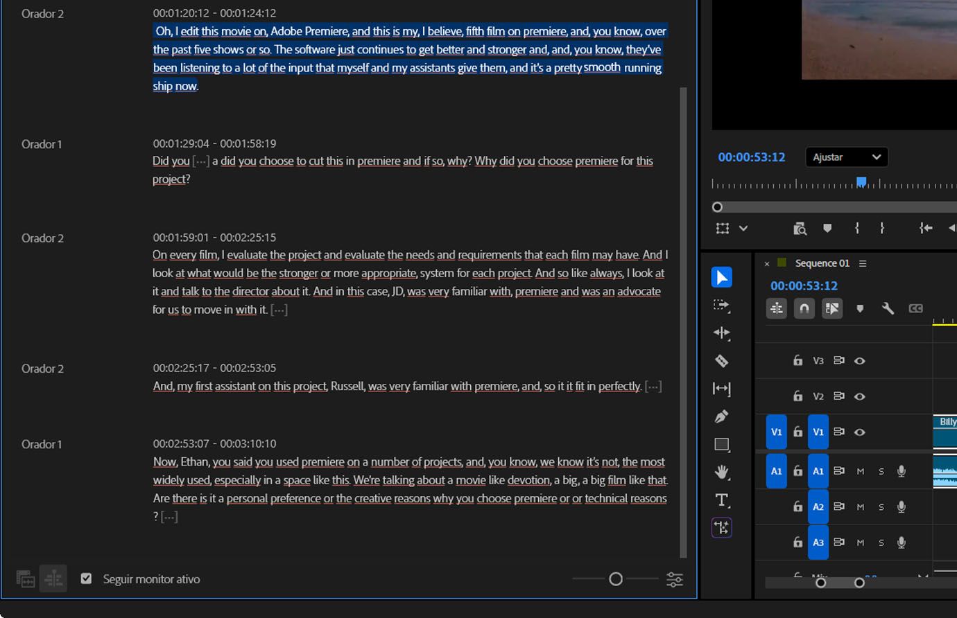 A aba “Transcrição” mostra a transcrição da sequência. Ela lista os falantes com carimbos de tempo e pode ser usada como ferramenta de navegação ou para realizar edições na sua sequência.