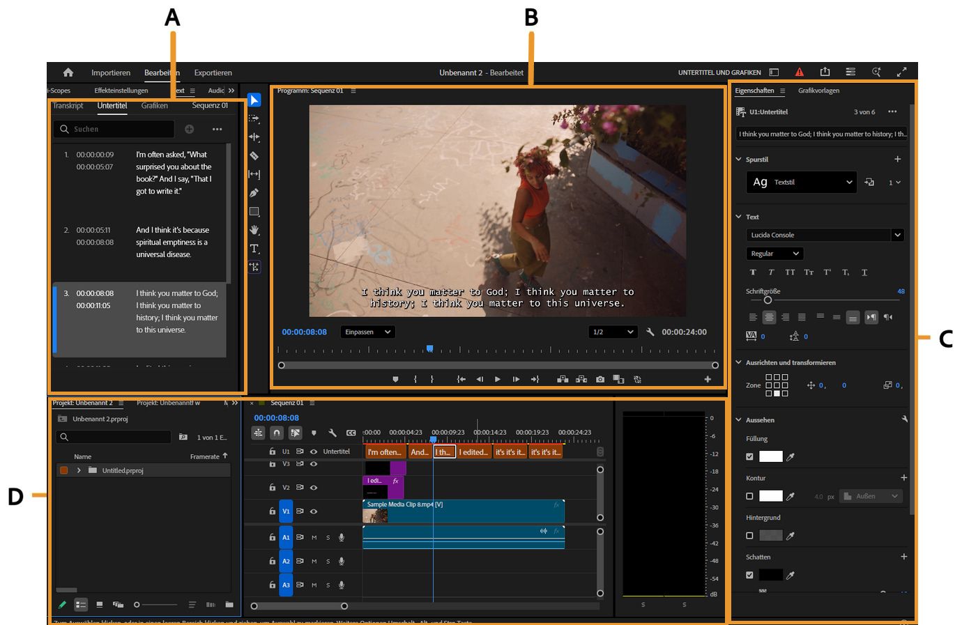 Arbeitsbereich „Untertitel und Grafiken“ in Premiere Pro, der Bedienfelder zum Bearbeiten von Untertiteln, Vorschau von Videos, Gestalten von Text und Anpassen der Untertitelspur zeigt.