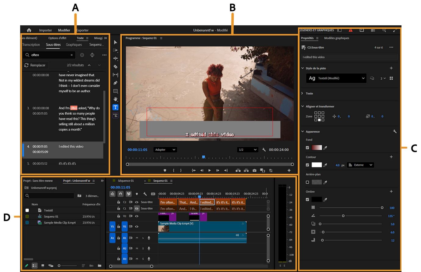 Espace de travail Légendes et graphiques dans Premiere Pro, montrant les panneaux pour modifier les légendes, prévisualiser la vidéo, styliser le texte et ajuster la piste de légendes.