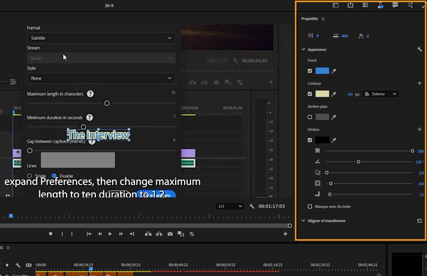 Titre textuel sélectionné dans le moniteur du programme, avec le panneau Propriétés mis en évidence et montrant les contrôles modifiables pour la police, le style, l'apparence et l'alignement.