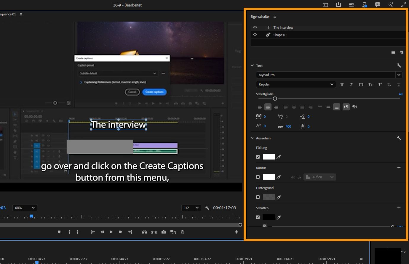 Der Texttitel ist im Programmmonitor ausgewählt und das Bedienfeld „Eigenschaften“ ist hervorgehoben und zeigt die Steuerelemente für die Bearbeitung von Schrift, Stil, Aussehen und Ausrichtung an.
