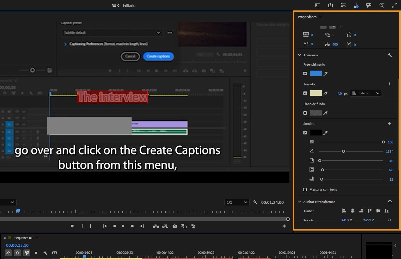 O texto intitulado “A entrevista” selecionado no monitor de programa com o painel “Propriedades” aberto, mostrando opções de estilo, como fonte, aparência, sombra e controles de design responsivo.