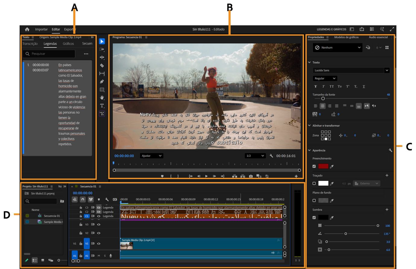 Espaço de trabalho de Legendas e Gráficos no Premiere Pro, mostrando painéis para editar legendas, visualizar vídeo, estilizar texto e ajustar a faixa de legendas.