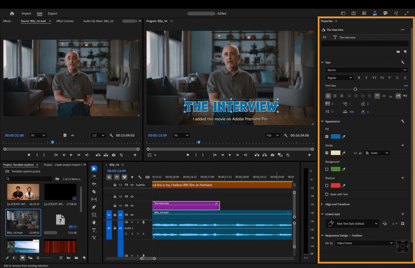 Titolo di testo selezionato nel Monitor Programma con il pannello Proprietà evidenziato, che mostra i controlli modificabili per font, stile, aspetto e allineamento.