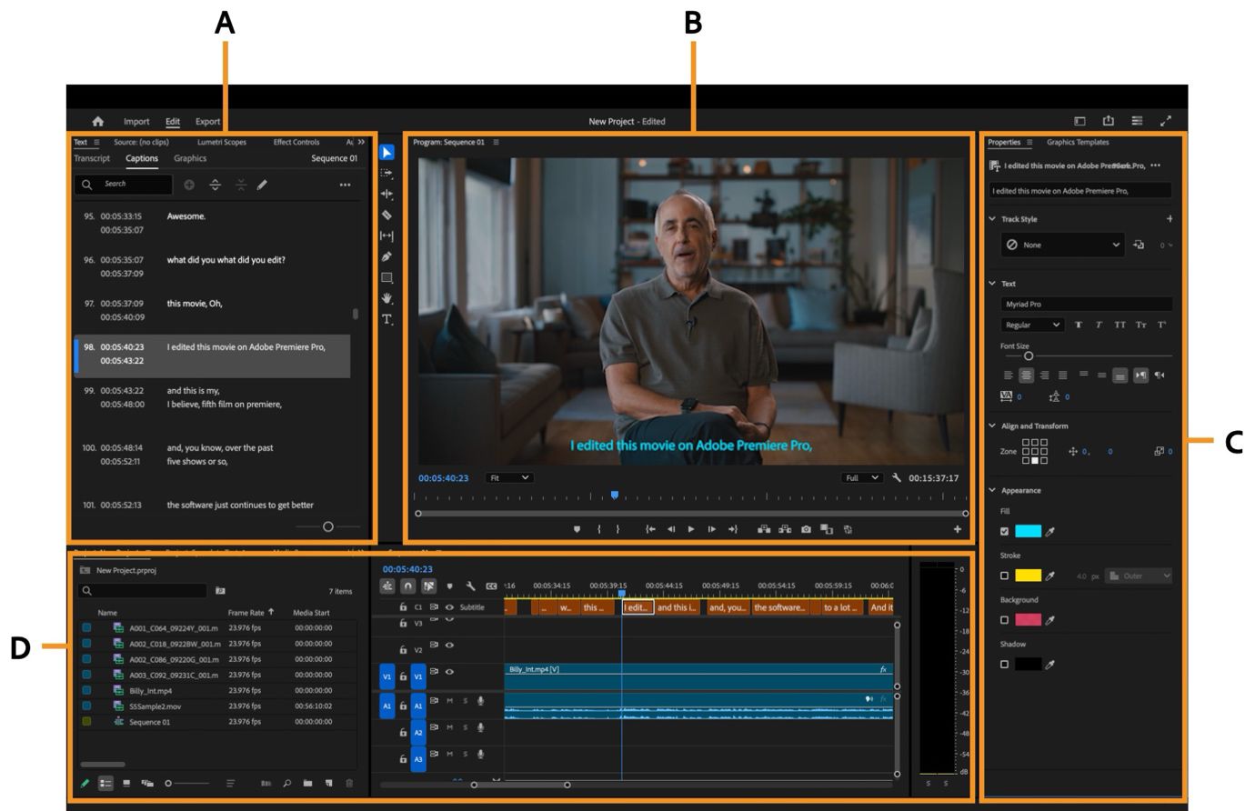 Area di lavoro Didascalie e Grafica in Premiere Pro, che mostra i pannelli per modificare le didascalie, visualizzare in anteprima il Video, formattare il testo e regolare la traccia delle didascalie.