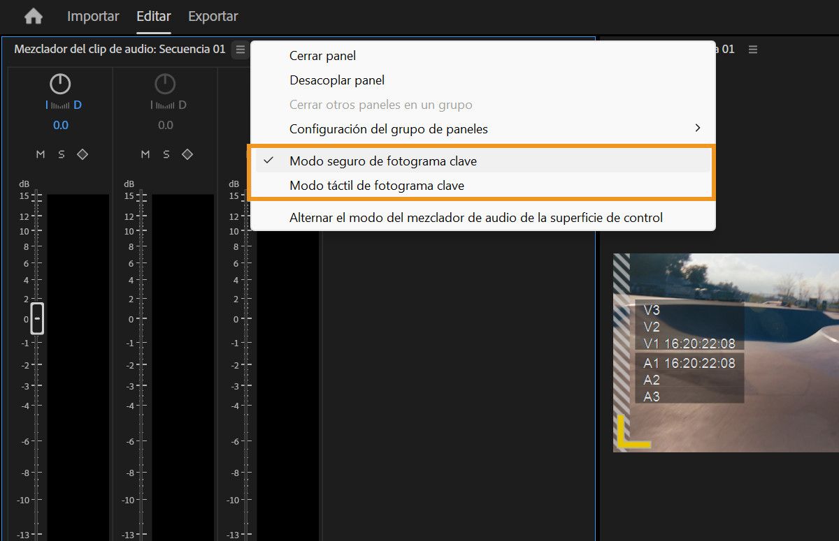 Menú del panel Audio Clip Mixer que muestra las options del modo Keyframe Latch y Touch para automatización.