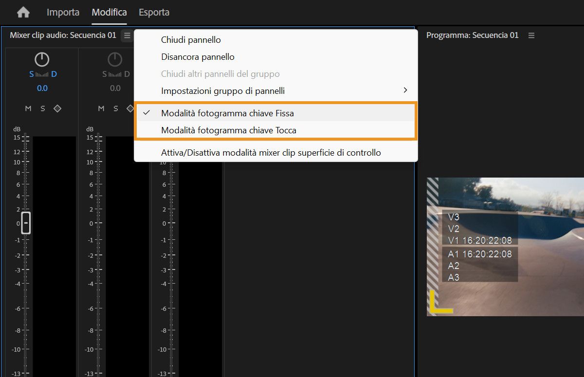 Menu del pannello Audio Clip Mixer che mostra le opzioni della modalità fotogramma chiave Latch e Touch per l'automazione.