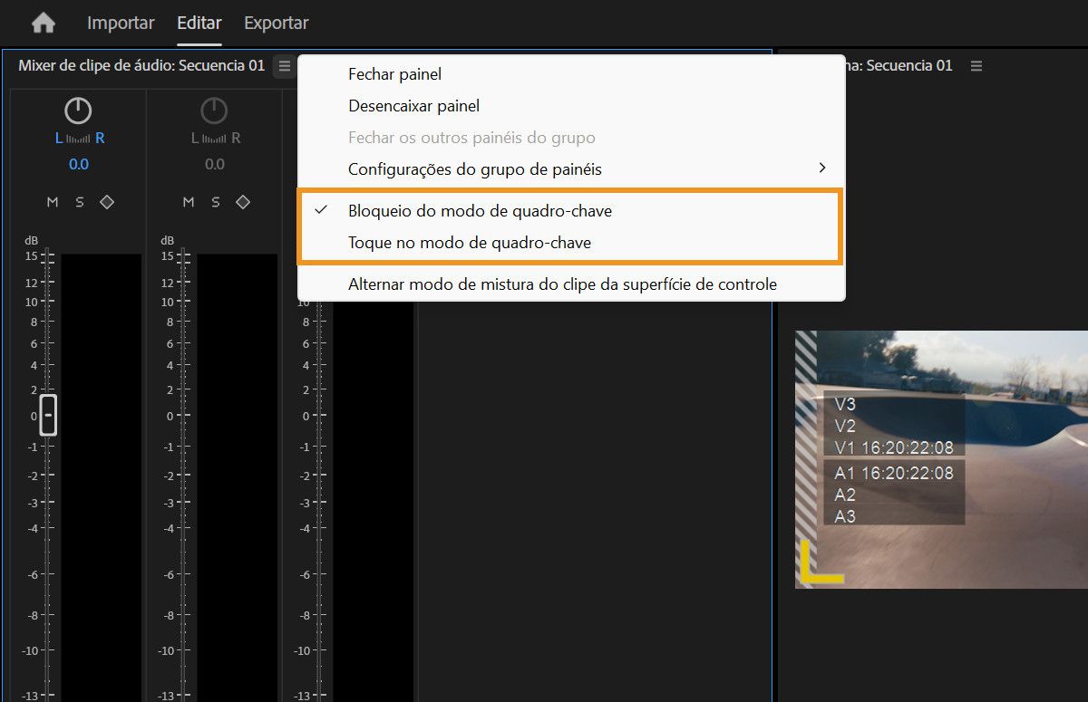 Menu do painel Audio Clip Mixer mostrando as opções Keyframe Mode Latch e Touch para automação.