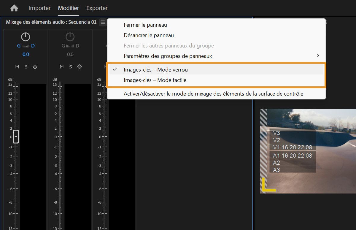 Menu du panneau mixeur de clip audio affichant les options de mode d'image clé Verrou et Au toucher pour l'automatisation.
