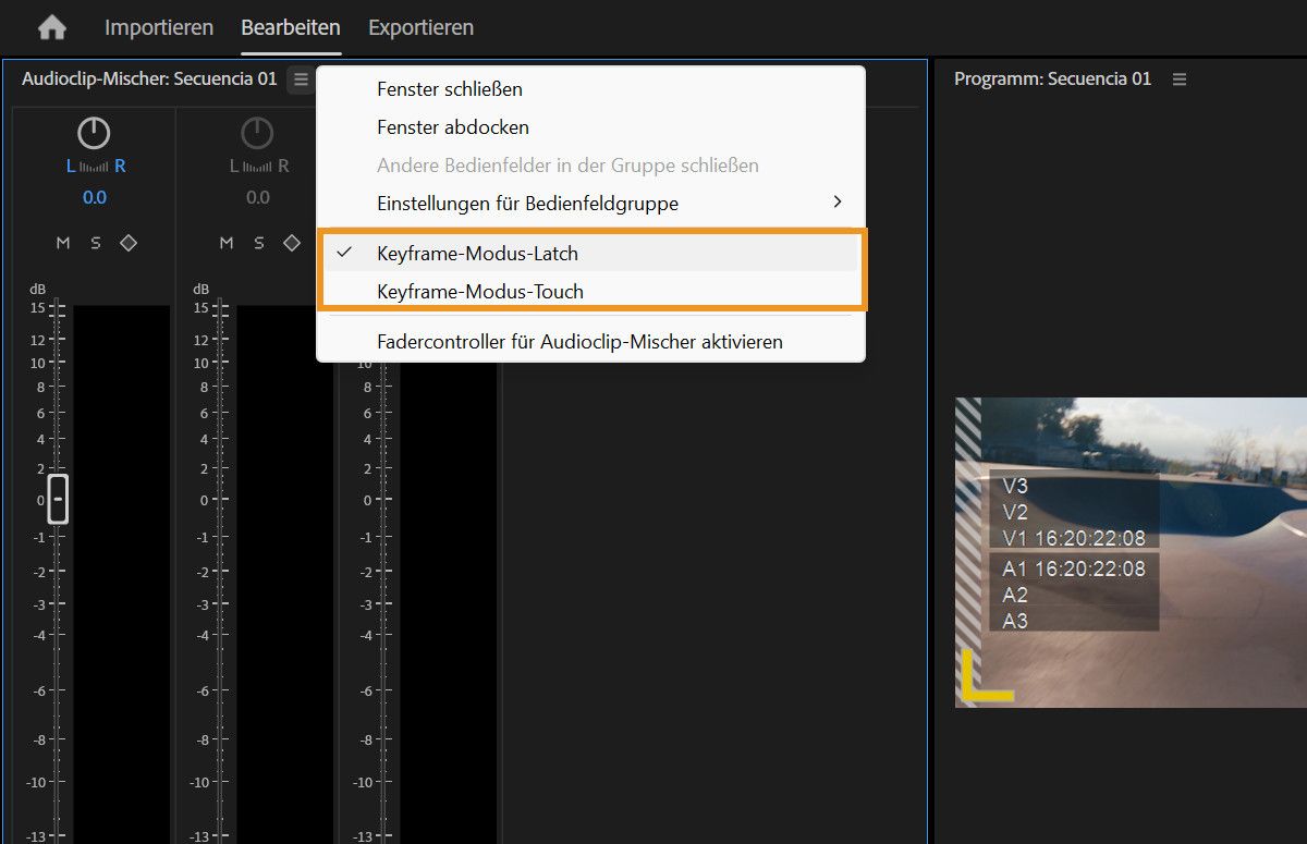 Menü des Audioclip-Mixer-Fensters mit den Optionen „Latch“ und „Touch“ für den Keyframe-Modus bei der Automation.