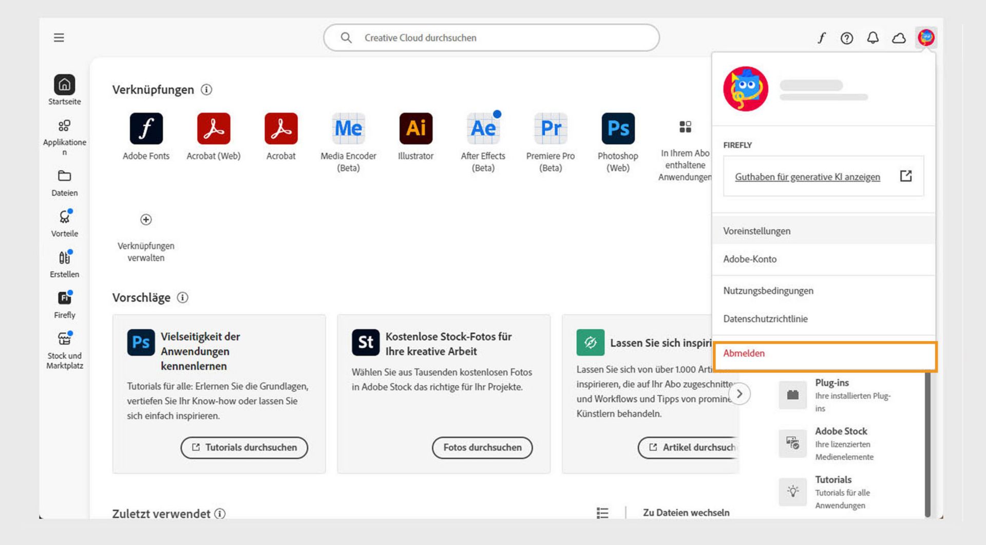 Der Button für das Konto-Menü in der oberen rechten Ecke bietet die Option, dich von deinem Creative Cloud-Client abzumelden.