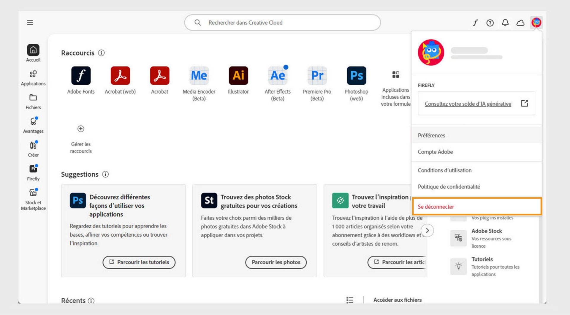 Le bouton de menu Compte disponible dans le coin supérieur droit permet de se déconnecter de l'application de bureau Creative Cloud.
