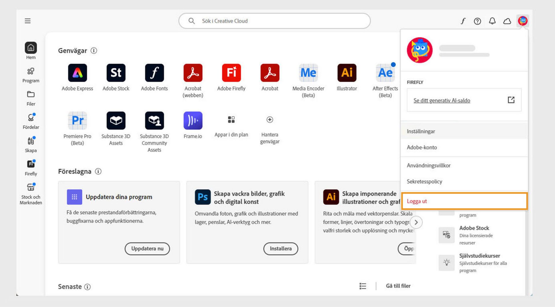 Kontoknappen som finns i det övre högra hörnet ger alternativet att logga ut från ditt Creative Cloud-program.