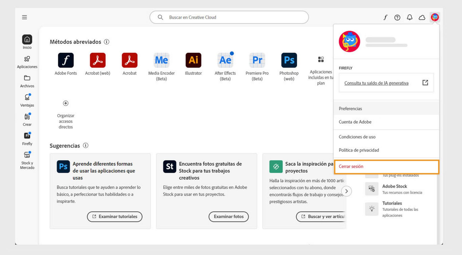 El botón del menú Cuenta disponible en la esquina superior derecha proporciona la opción de cerrar sesión en su aplicación de Creative Cloud.